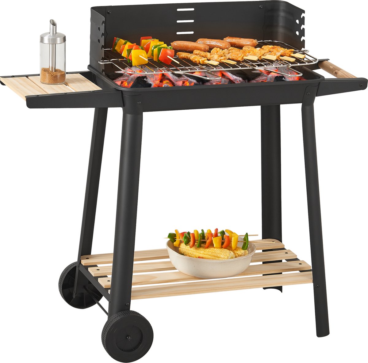 Houtskool BBQ Ari met zijpanelen 78x86x30 cm zwart en houtkleurig casa.pro