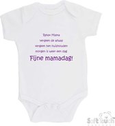 100% katoenen Romper "Relax Mama Vergeet de afwas Vergeet het huishouden Morgen is weer een dag FIJNE MAMADAG!" Moederdag Meisjes Katoen Wit/paars Maat 56/62