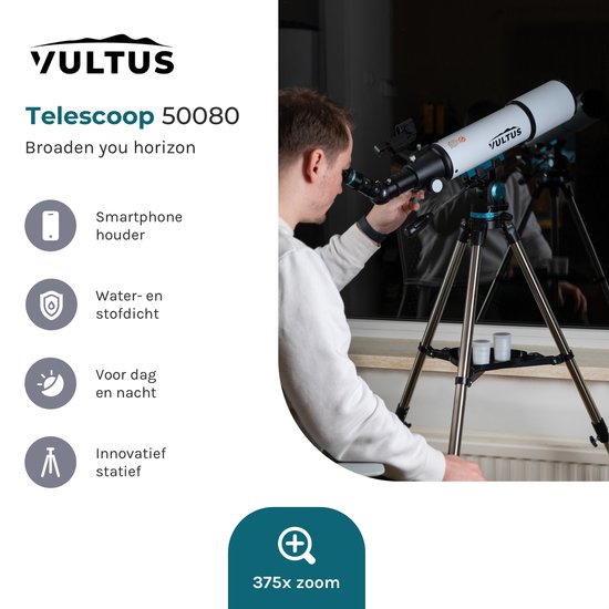 Vultus Telescoop - 375x Vergroting - Sterrenkijker Beginners / Volwassenen / Gevorderden - Inclusief E-boek voor Beginners - Inclusief App - Inclusief Statief en Draagtas - Vultus - 50080 - Vultus