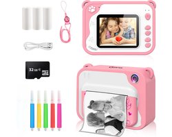 Ilona® 3 IN 1 Digitale Kindercamera + Instant print + speelcamera | 32GB micro sd kaart | camera kinderen | Vlogcamera met games | Fototoestel voor Kinderen | Klein Formaat Speelgoed | Met videofunctie | Roze