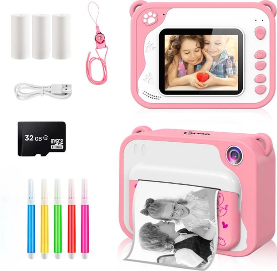 Ilona® 3 IN 1 Digitale Kindercamera + Instant print + speelcamera | 32GB micro sd kaart | camera kinderen | Vlogcamera met games | Fototoestel voor Kinderen | Klein Formaat Speelgoed | Met videofunctie | Roze