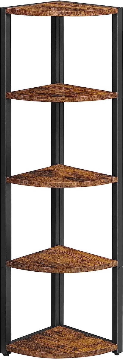 Hoekplank met 5 niveaus, hoekboekenkast, veelzijdig opbergmeubel, plantenrek, voor woonkamer, slaapkamer, kantoor, industriële stijl, rustiek bruin en zwart LLS801B01