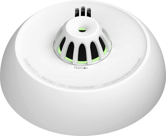 Bolvormige witte rookmelder met groene details.