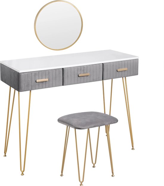 Gran Vida® - Moderne Kaptafel Set - Grijs met Elegante Afwerkingen - Make-up Tafel - Inclusief Spiegel en Kruk