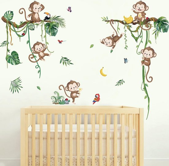 Jungle Aap Klimboom Muurstickers Jungle Dieren Wijnstok Bladeren Muurtattoo Baby Kinderkamer Babykamer Slaapkamer Wanddecoratie