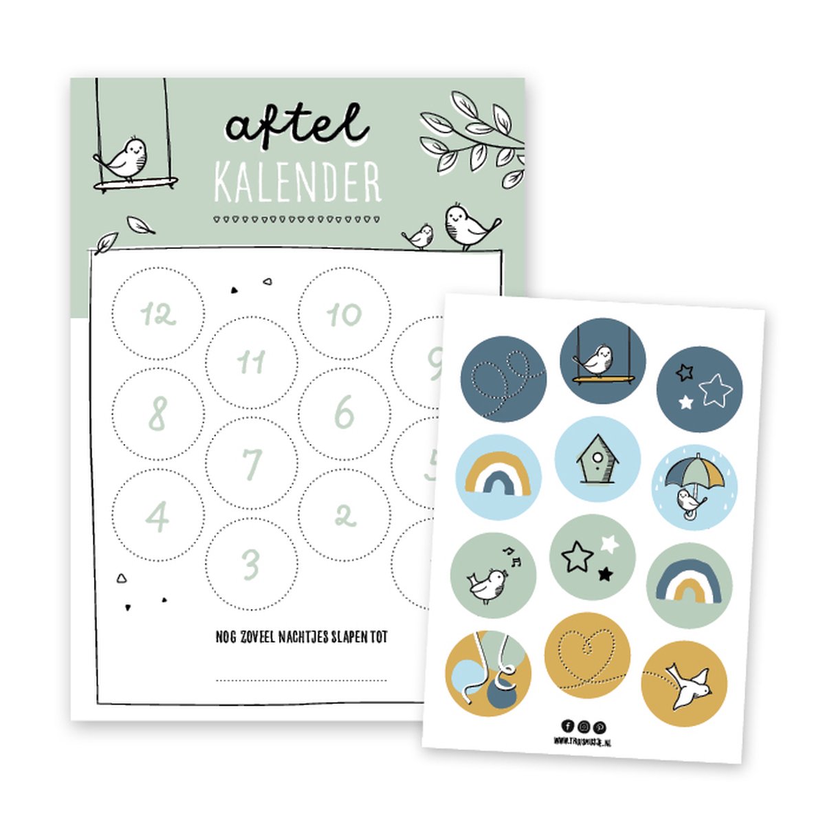Thuismusje Aftelkalender - Groen - A4 formaat - inclusief 12 stickers