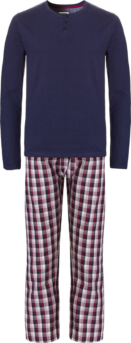 Phil & Co Heren Pyjama Set Lang Katoen Blauw Geblokt - Maat XL