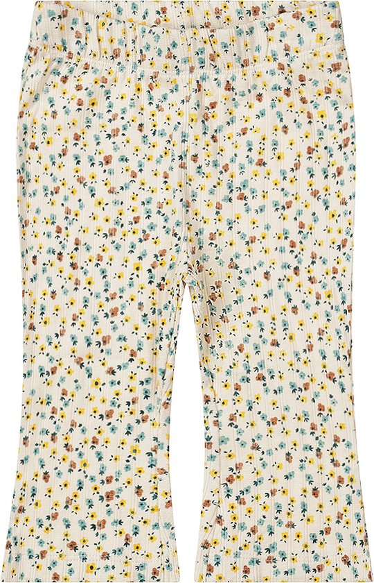 Crème broek met bloemenprint en ribstof.
