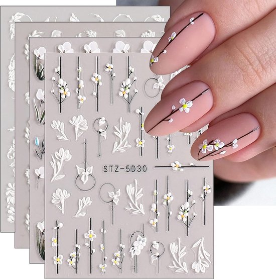 Foto: 5 vellen 5d nagel stickers wit kleur nagelstickers bloem abstract nagel decoratie zelfklevende nagelstickers flower stickers nail art set tools