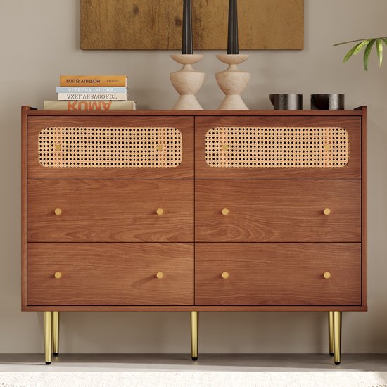 Sweiko Lade commode, commode met 6 lades, rotan dressoir highboard voor slaapkamer, alle woonruimtes, walnoot -H90/B120/T40 cm