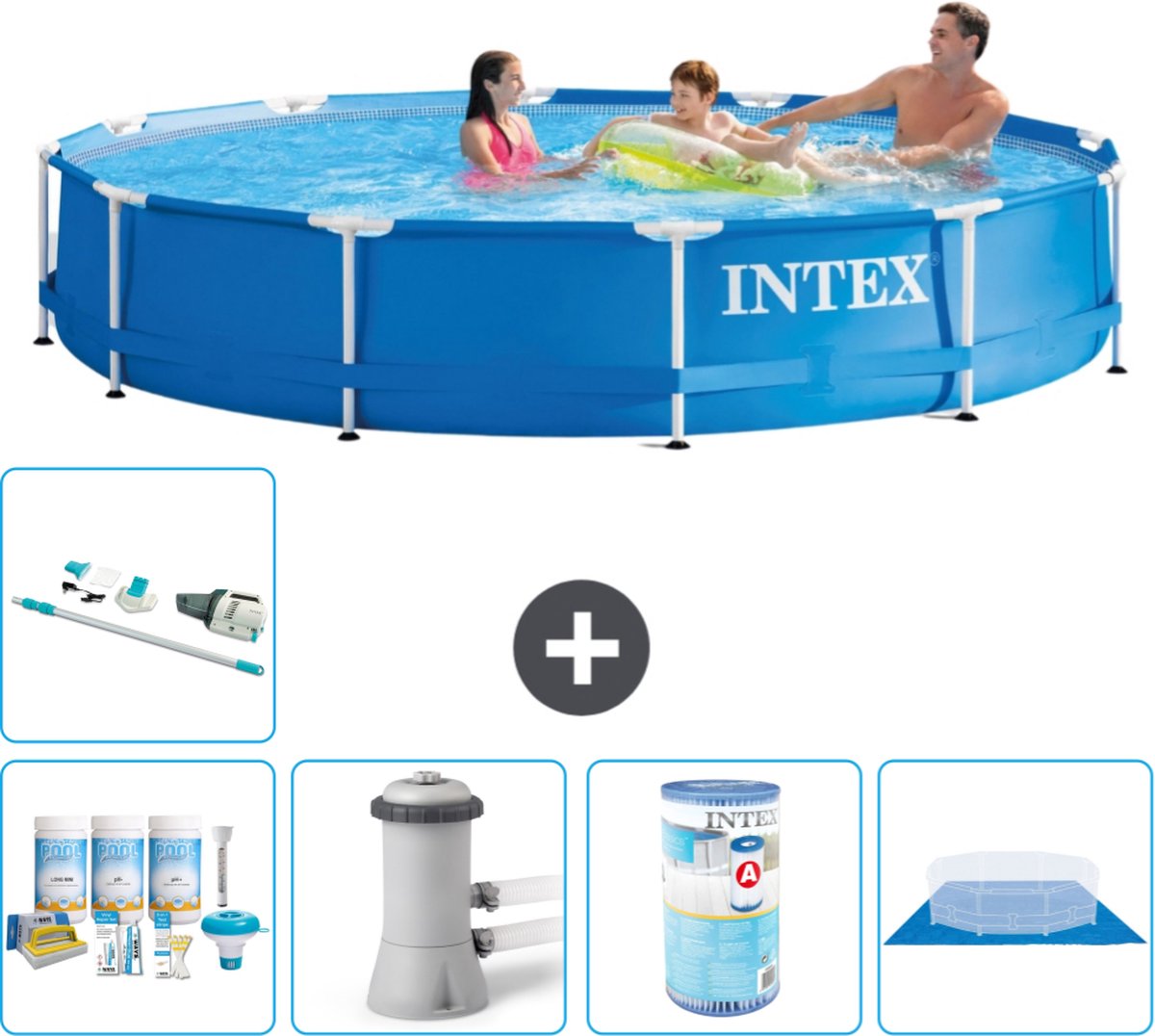 Intex Metal Frame Intex Rond Frame Zwembad 366 x 76 cm Blauw Inclusief Onderhoudspakket Zwembadfilterpomp Filter Grondzeil Stofzuiger