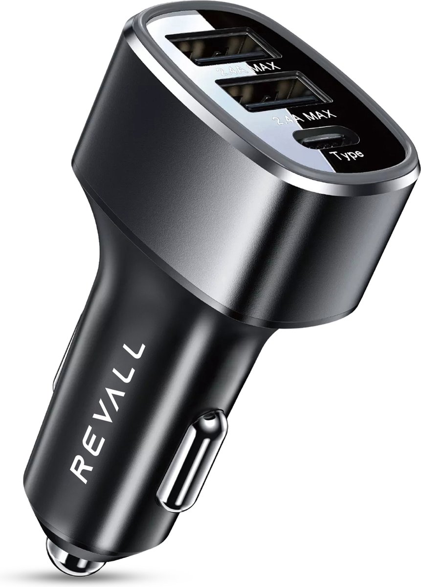 REVALL® 49W Snellader - Veilig en Compact - Autolader - Auto Oplader - Laad 5x zo snel - USB en USB-C - Metalen Behuizing met LED - REVALL