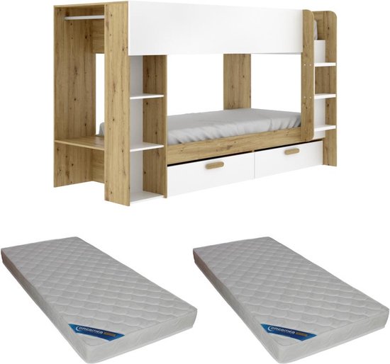 Stapelbed – 2 x 90 x 200 cm – Met opbergruimte en hangkast – Wit en houtlook – Met matrassen – OZANA L 245.5 cm x H 150 cm x D 110 cm