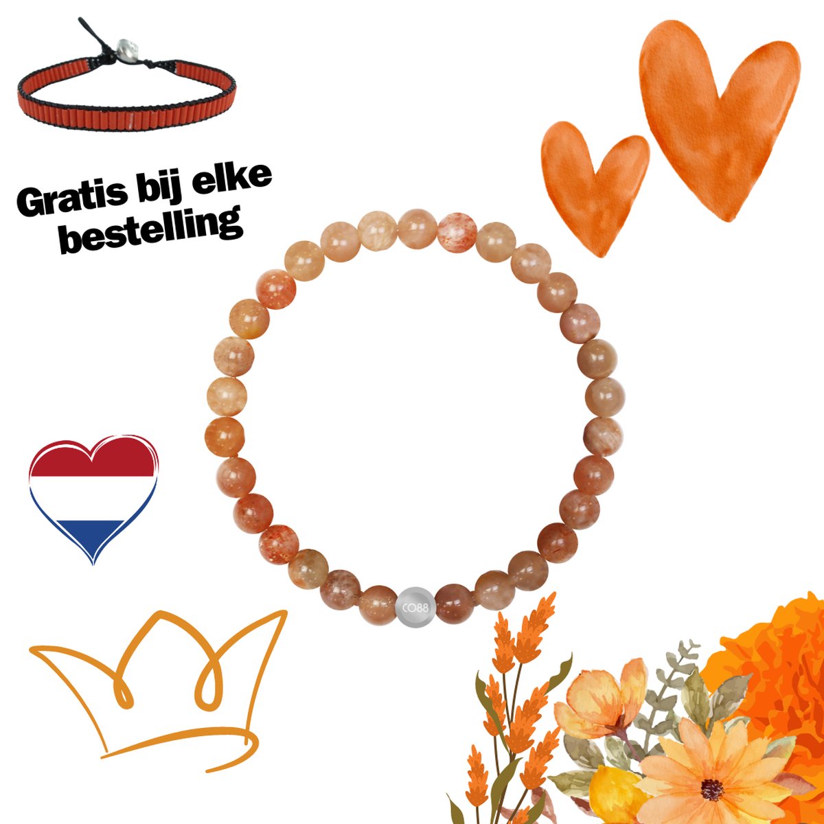 CO88 Collection 8CB-91103-S-M Stenen Armband Helioliet Sunstone - 6mm - 17,5cm - Rekbaar - Koningsdag - Licht Oranje Tinten