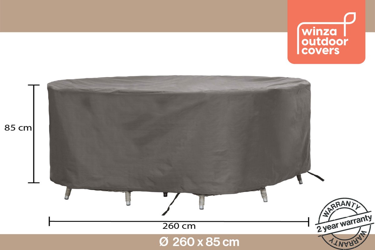 Winza Outdoor Covers - Premium - beschermhoes ronde tuinset - tuinsethoes - tot Ø 260 cm tafel met stoelen - Afmeting : ø 260x85 cm - 2 jaar garantie - Grijs