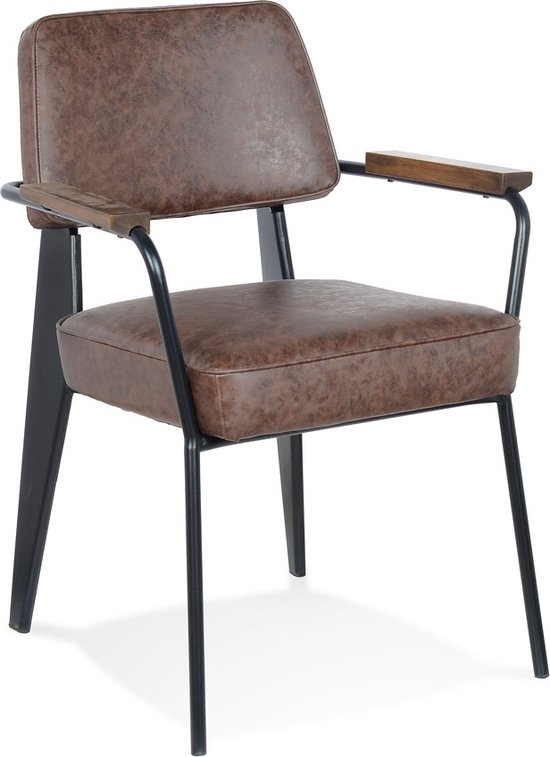 Alterego Bruine design stoel met armleuningen 'GALLERIA' en zwarte metalen poten