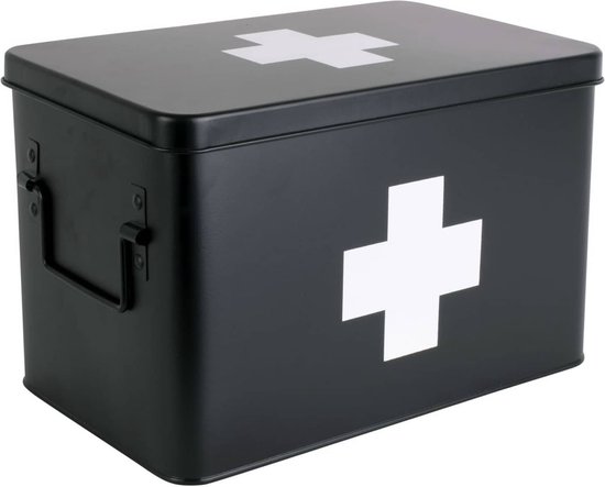 Zwarte medicijnkist met een wit kruis op de deksel en de voorkant.