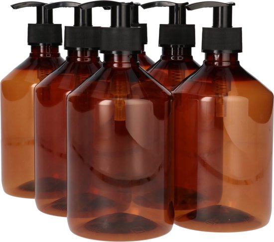 Foto: 6x 500 ml pharma pet fles met dispenserpomp plastic flesjes navulbaar voor vloeistoffen voeding cosmetische farmaceutische producten pet kunststof voedselveilig duurzaam bruin zwart set van 6 stuks