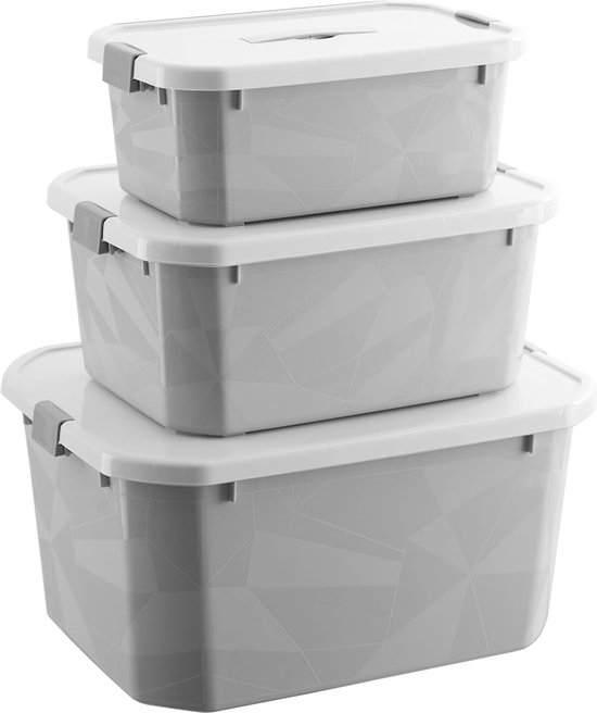 Cetomo Opbergdozen, opbergdoos met deksels en handvat voor thuis slaapzaal kantoor organisatie, stapelbare nesting tote container, kunststof, helder, 6L 10L 18L-3 Pack