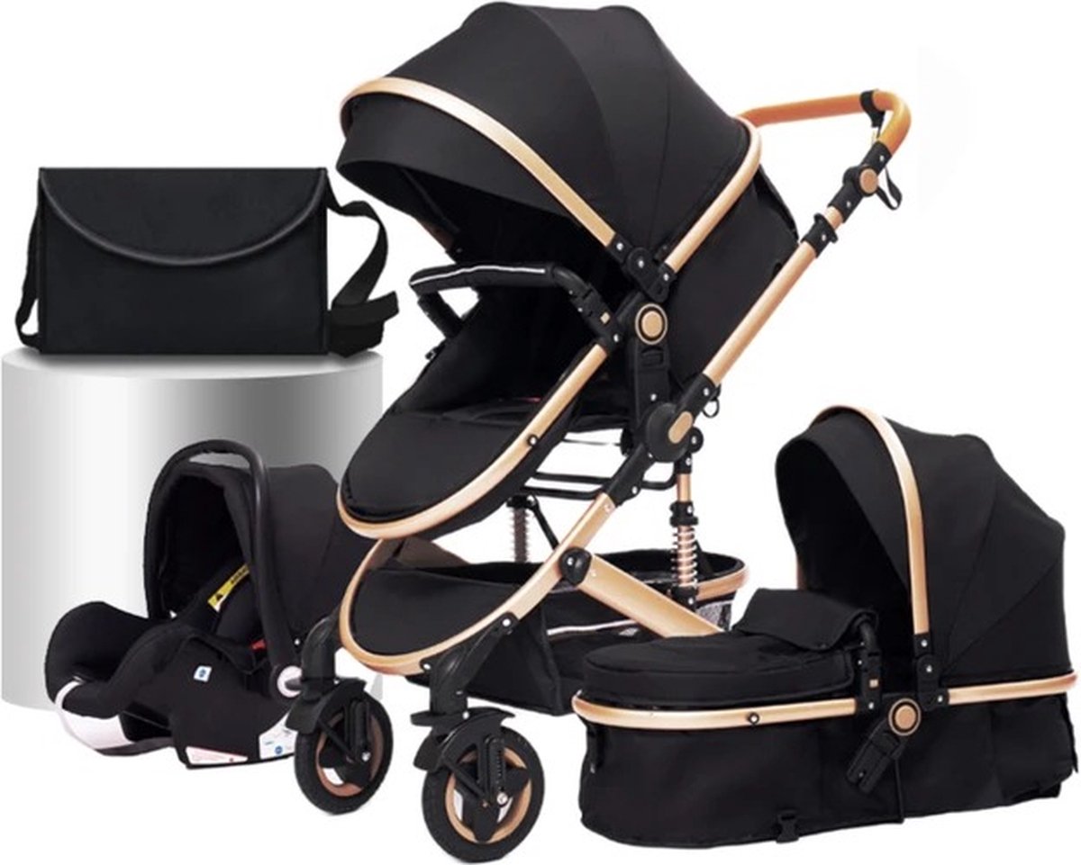 Image of 3 In 1 Kinderwagen - Reiswieg - Buggy - Inklapbaar - 0-36 Maanden - Kleur Zwart Goud - Inclusief Autostoel