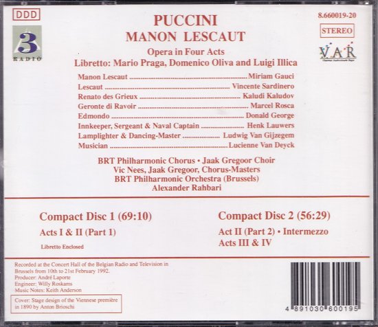 Achterkant van de CD Manon Lescaut, met tracklist, cast, orkest en details over opname. Barcode onderaan.