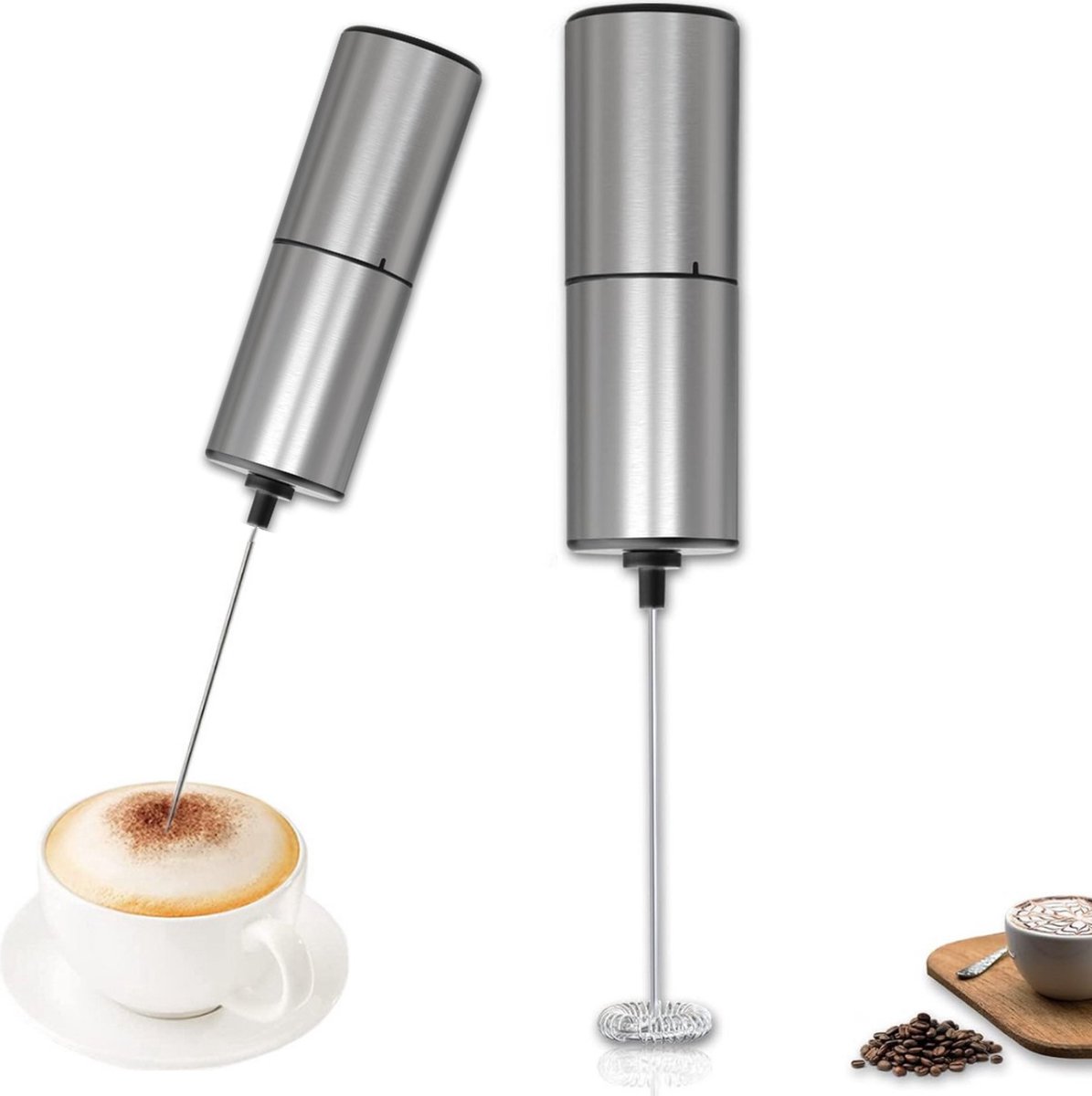 MONOO - Elektrische Melkopschuimer - Melk Opschuimer Handmatig - Koffie Mini Mixer - Draadloos op Batterijen - Zonder Stekker - Cappuccino - Matcha - Frappé - Chocolademelk - Shakes - Zilver