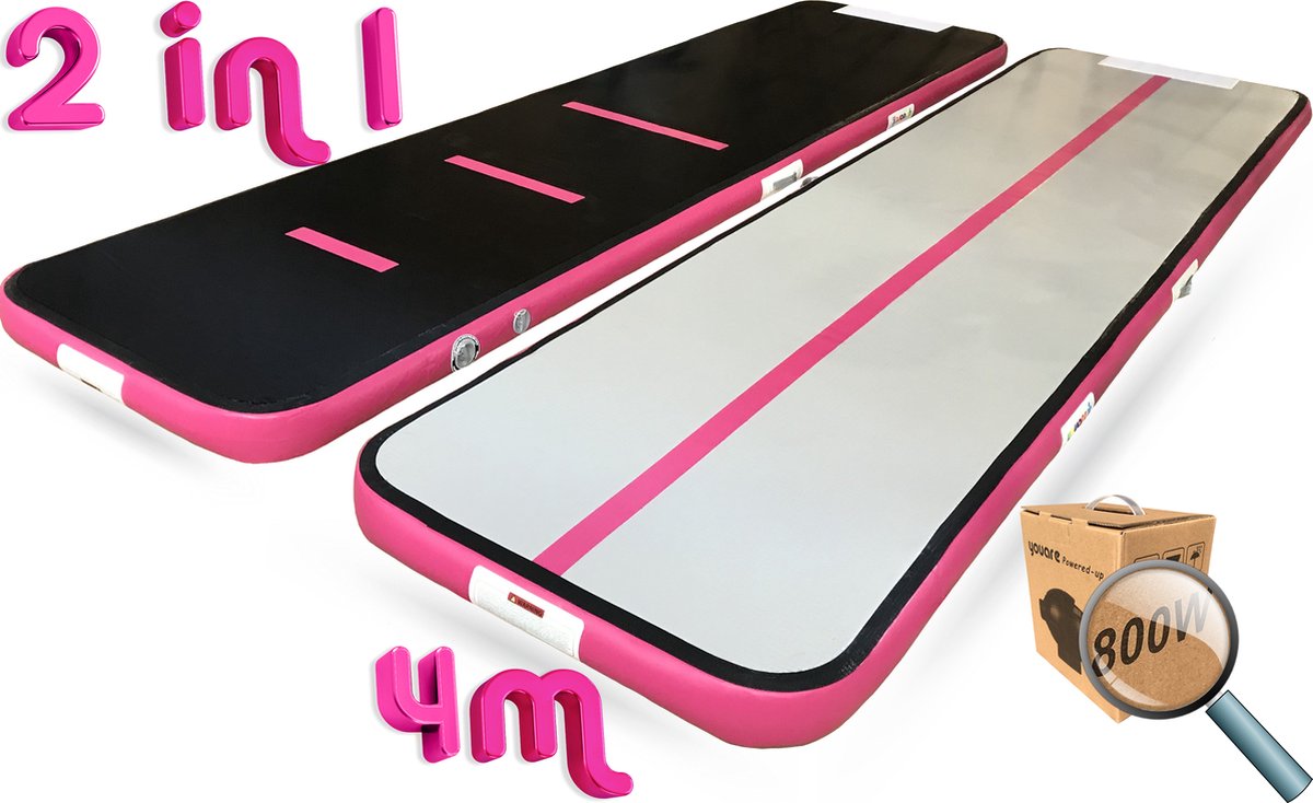 YouAre AirTrack Pro 4.0 | 4 meter — 15cm dik | Turnmat | Gymnastiek | Gymmat | Speelmat | Yogamat | Opblaasbaar | Waterproof | incl. YouAre miniblower — 4m Gym fitness mat met 800W Sterke elektrische lucht-pomp