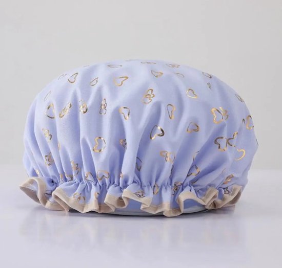 Douchemuts - Shower cap - Douchekapje - Douche cap voor vol haar - Licht Blauw met hartjes