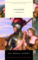 Boekomslag van 'Ivanhoe' met een ridder in harnas en een vrouw in renaissancekleding. "Walter Scott is de koning van de romantiek."