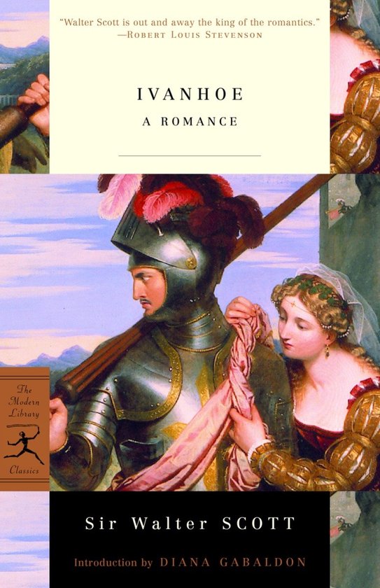 Boekomslag van 'Ivanhoe' met een ridder in harnas en een vrouw in renaissancekleding. "Walter Scott is de koning van de romantiek."