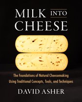Boek "Milk Into Cheese" met twee plakken geel gestippeld kaas op een zwarte achtergrond.