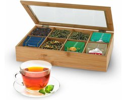 Excellent Houseware theedoos/opbergdoos - 8-vaks - bamboe hout - 32 x 20 x 6,5 cm