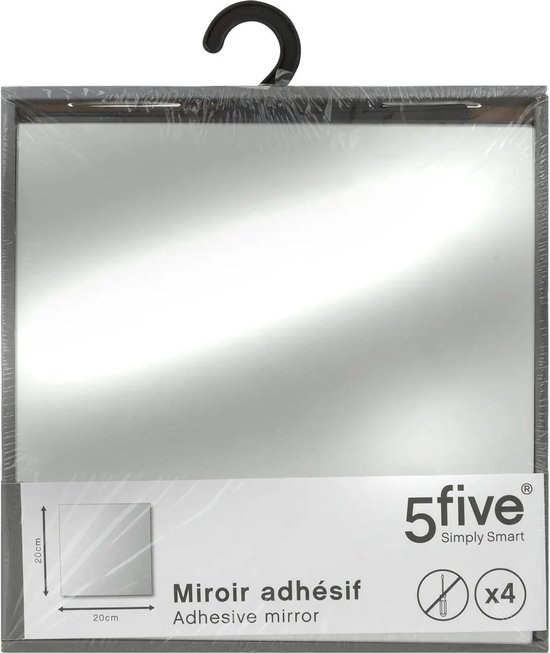 5Five Plak spiegels tegels - 4x stuks - glas - zelfklevend - 20 x 20 cm - vierkantjes - muur/deur/wand
