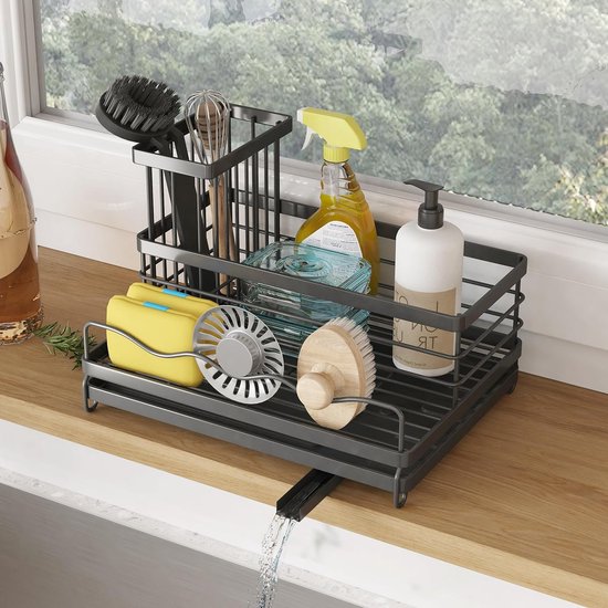 Organisateur Évier Cuisine Porte Éponge Avec Bac Égouttoir - Rangement Mural Noir - Accessoire Pratique