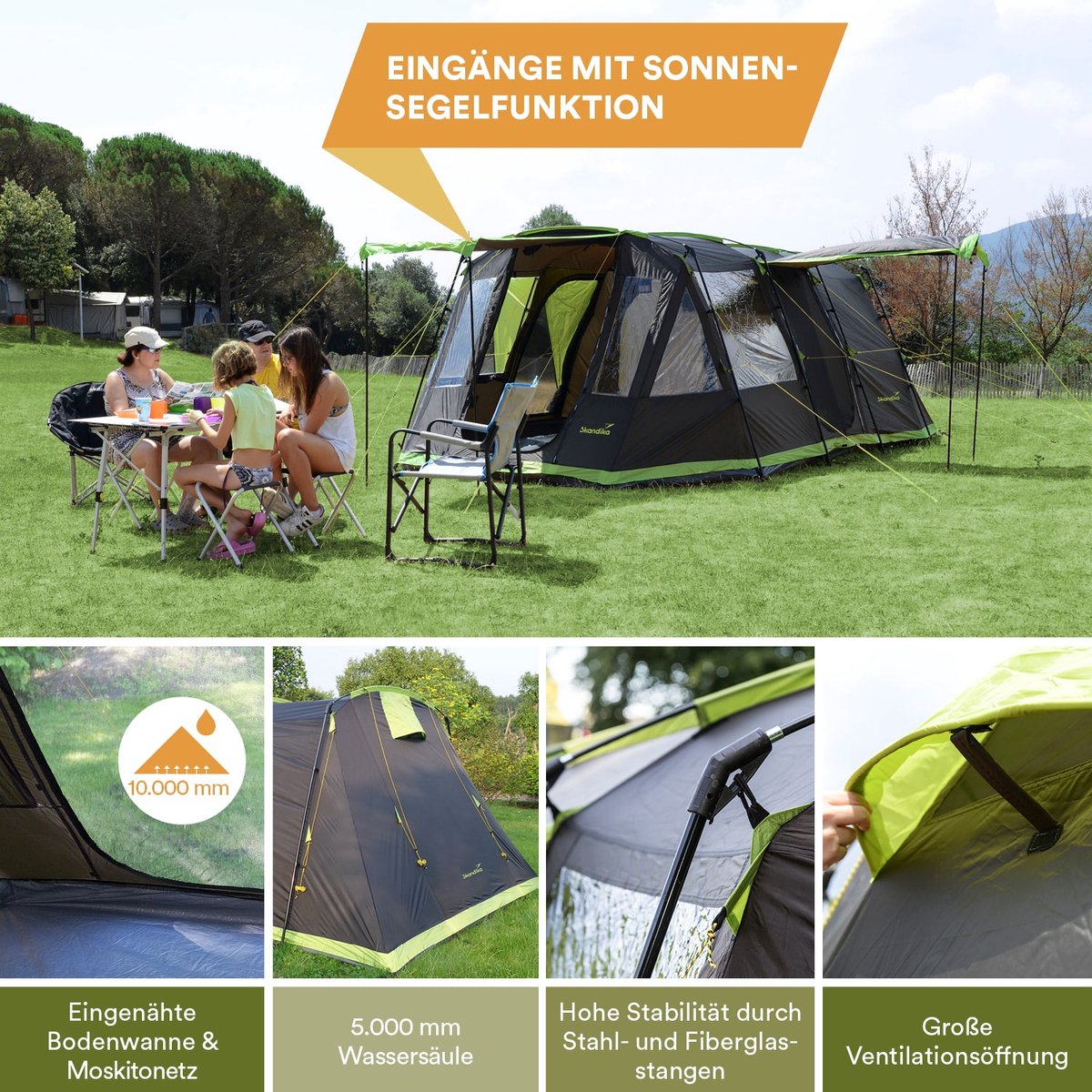 Skandika Nordland 6 Tent – Tenten – Tunneltent - Campingtent – Ingenaaide Tentvloer - Voor 6 personen – 205 cm stahoogte - Muggengaas – 1-2 slaapcabines – 580x440x205 cm (L x B x H) - 5000 mm waterkolom – Outdoor, Camping - Kamperen – antriciet/groen – foto 4