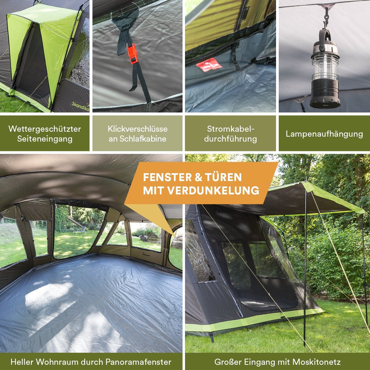 Skandika Nordland 6 Tent – Tenten – Tunneltent - Campingtent – Ingenaaide Tentvloer - Voor 6 personen – 205 cm stahoogte - Muggengaas – 1-2 slaapcabines – 580x440x205 cm (L x B x H) - 5000 mm waterkolom – Outdoor, Camping - Kamperen – antriciet/groen – foto 2