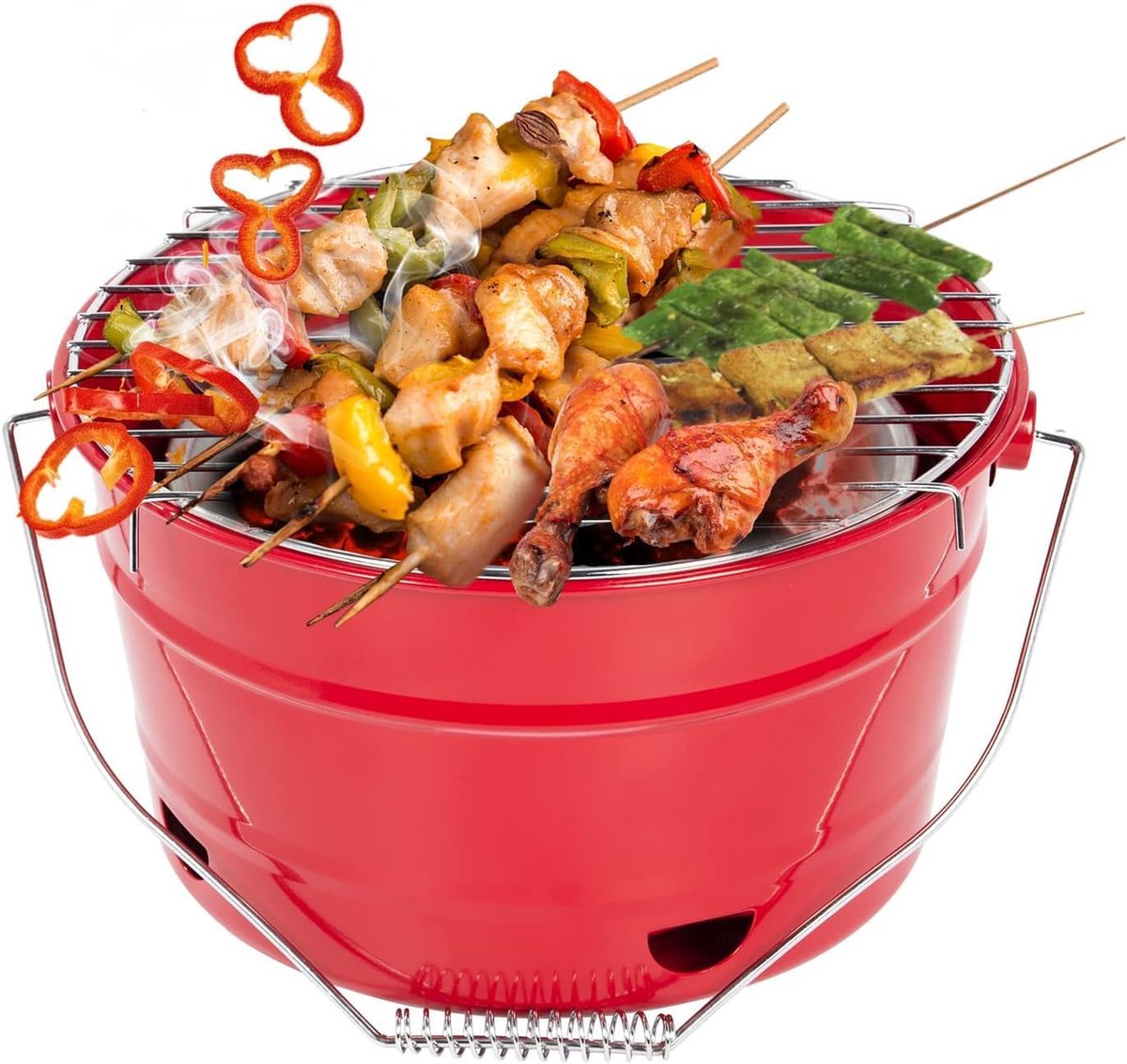 Draagbare grillemmer met handgreep, lekkere barbecue, picknickgrill met groot grilloppervlak, houtskool, diameter 27,5 cm, geschikt voor 1-4 personen, rood