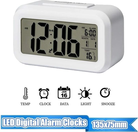 Digitale Wekker - Alarm Klok met Temperatuur, Kalender en LED Verlichting - Alarmklok met datum - Wekker op batterijen (niet bij inbegrepen) - Wit