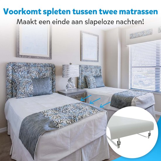 Twee nette eenpersoonsbedden in een hotelkamer, met een decoratieve runer en een detail van de matrasbevestiging.