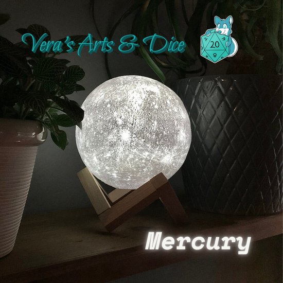 Mercurius Lamp | Vera's Arts & Dice | 16 Verschillende Kleuren | Planeet Lampen | LED Lamp | Oplaadbaar Dimbaar Stroboscoop Effect Mogelijk Aanraak Gevoelig Afstandsbediening | 3D Print Handmade | Lampen Sfeerverlichting | Slaapkamer Woonkamer