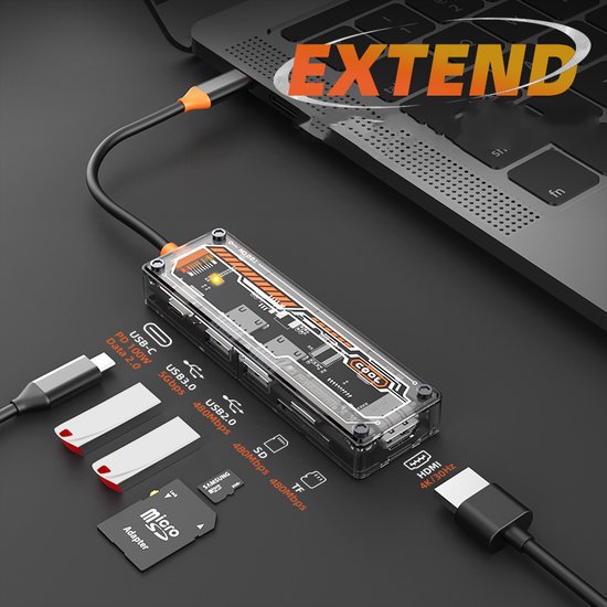 Foto: Transparante 6 in 1 usb c hub oranje cardreaders kaartlezer multifunctionele kaartlezer tf micro sd naar type c docking station usb splitter 4k hdmi usb a usb c pd100w micro sd geschikt voor laptop macbook windows