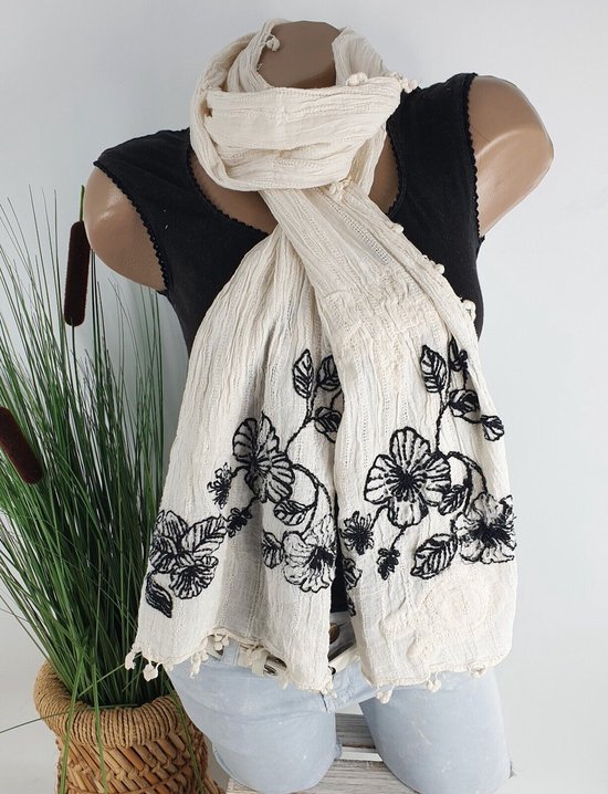 Zomersjaal katoenen crincle sjaal langwerpige sjaal met bloemen kleur creme