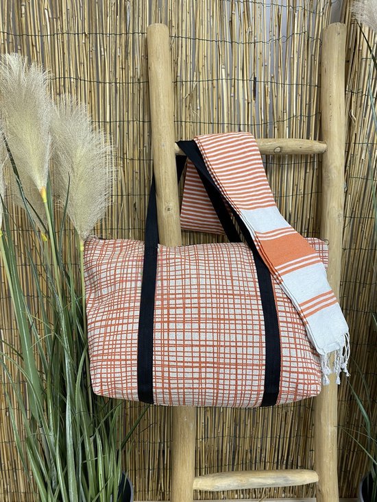 Serviette de Hammam et Sac de Plage Recyclé - Serviette de Plage - Serviette de Sauna - Serviette de Bain - Lavable à 30°C - 100% Katoen Eco Recyclé - Oranje