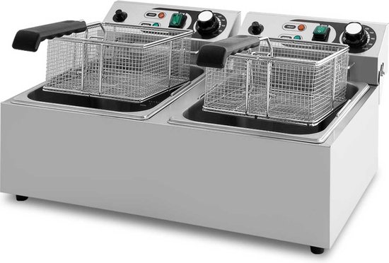 HCB® - Professionele Horeca frituurpan - Dubbele friteuse - 2 x 10 liter - 2 x 230V - RVS / INOX frietketel - 46x49x29 cm (DxBxH) - 6000W - 8727