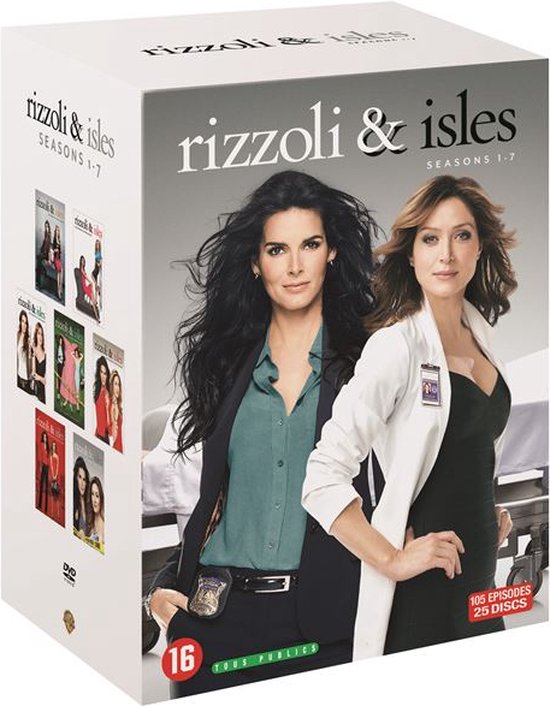 Box met "Rizzoli & Isles" Seizoenen 1-7. Twee vrouwen staan op de voorgrond. De serie bevat 105 afleveringen en 25 discs.