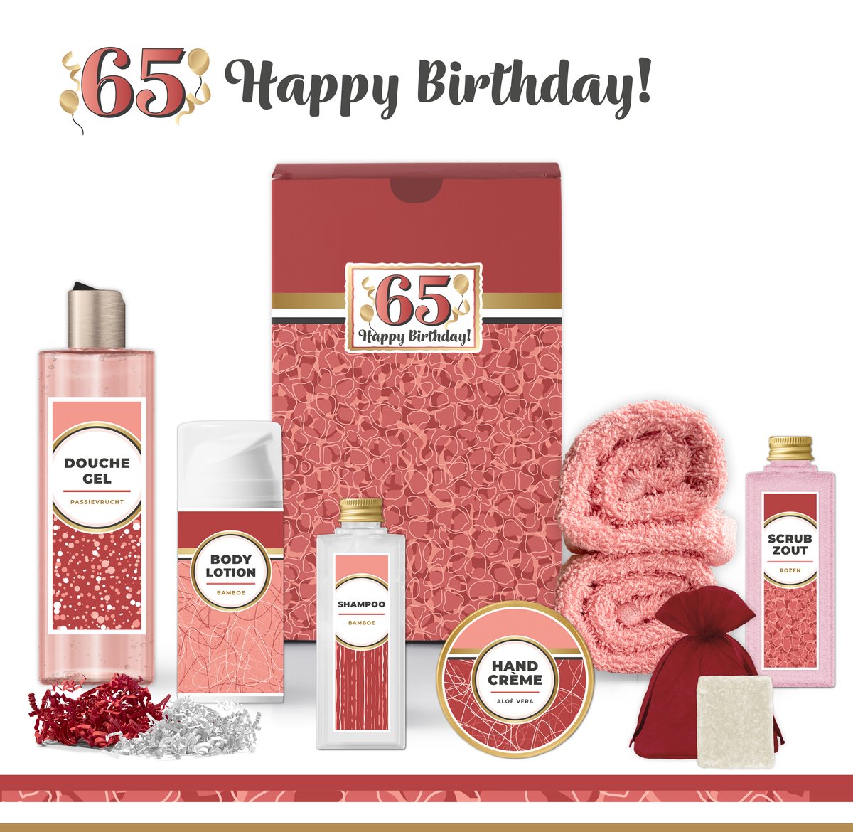 Goedkoopste Geschenkset “65 Jaar Happy Birthday!” - 8 producten - 685 gram | Cadeau vrouw - Giftset voor haar - Luxe wellness cadeaubox - Gefeliciteerd - Set Verjaardag - Geschenk jarige - Cadeaupakket moeder - Vriendin - Zus - Verjaardagscadeau - Rood