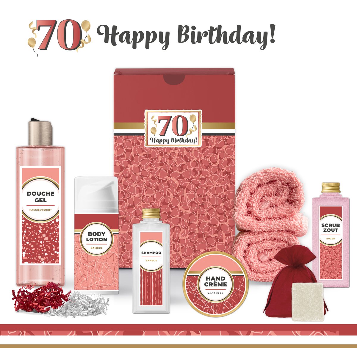 Goedkoopste Geschenkset “70 Jaar Happy Birthday!” - 8 producten - 685 gram | Cadeau Vrouw - Giftset voor haar - Luxe wellness cadeaubox - Gefeliciteerd - Set Verjaardag - Geschenk jarige - Cadeaupakket moeder - Vriendin - Zus - Verjaardagscadeau - Rood