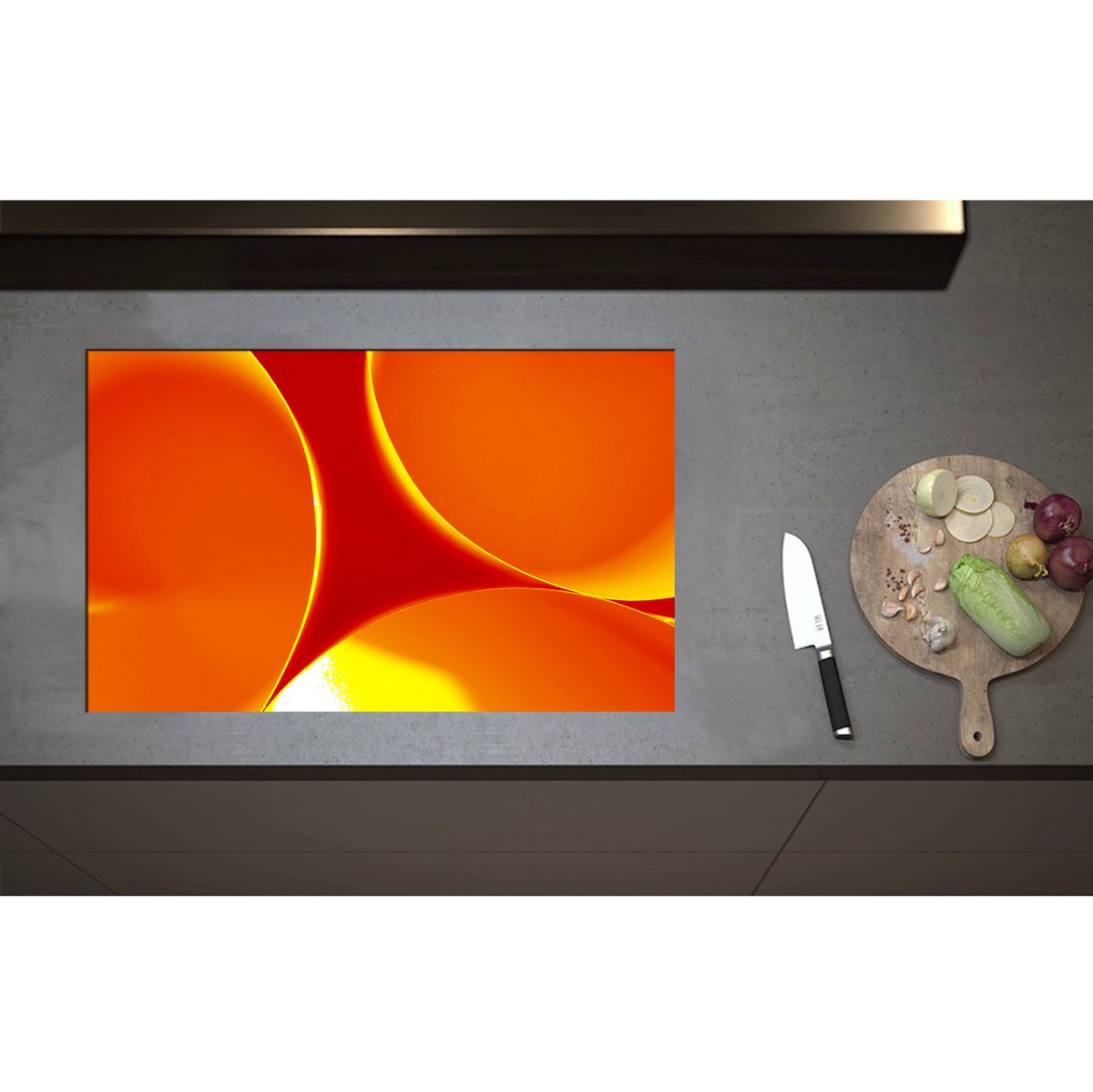 Inductieplaat Beschermer - Abstract - Achtegrond - Rondjes - Cirkels - Rood - Oranje - Geel - 80x50 cm - 2 mm Dik - Inductie Beschermer - Bescherming Inductiekookplaat - Kookplaat Beschermer van Wit Vinyl