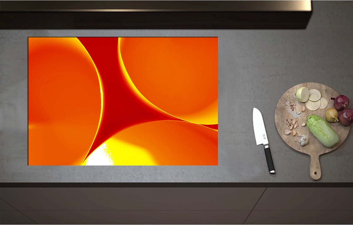 Inductieplaat Beschermer - Abstract - Achtegrond - Rondjes - Cirkels - Rood - Oranje - Geel - 80x55 cm - 2 mm Dik - Inductie Beschermer - Bescherming Inductiekookplaat - Kookplaat Beschermer van Wit Vinyl