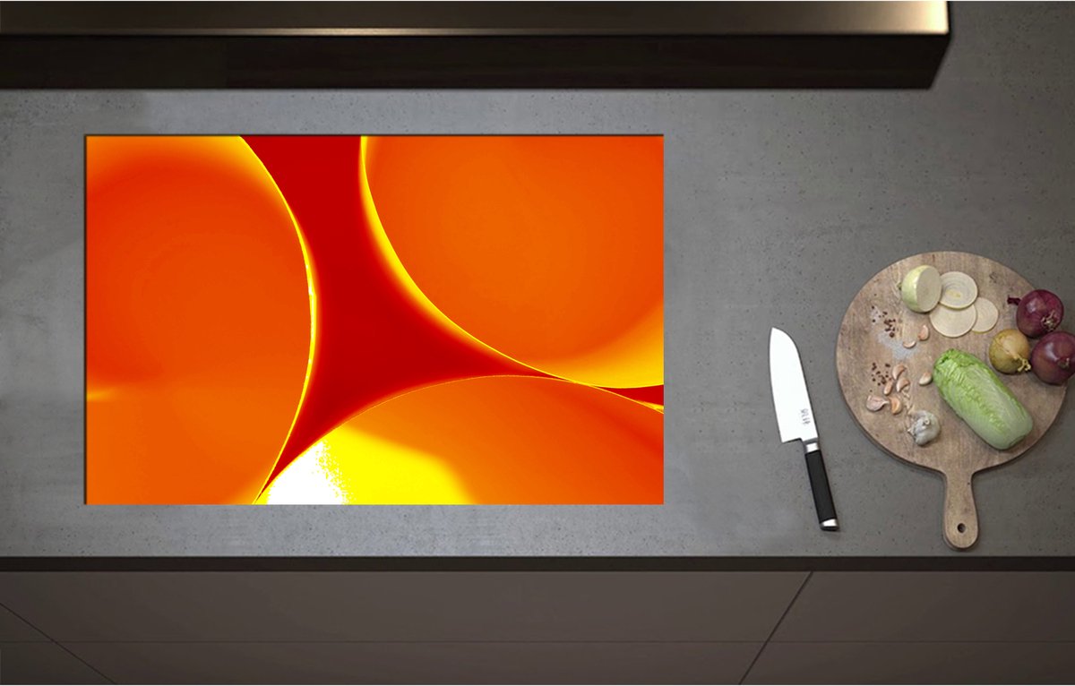 Inductieplaat Beschermer - Abstract - Achtegrond - Rondjes - Cirkels - Rood - Oranje - Geel - 80x52 cm - 2 mm Dik - Inductie Beschermer - Bescherming Inductiekookplaat - Kookplaat Beschermer van Wit Vinyl